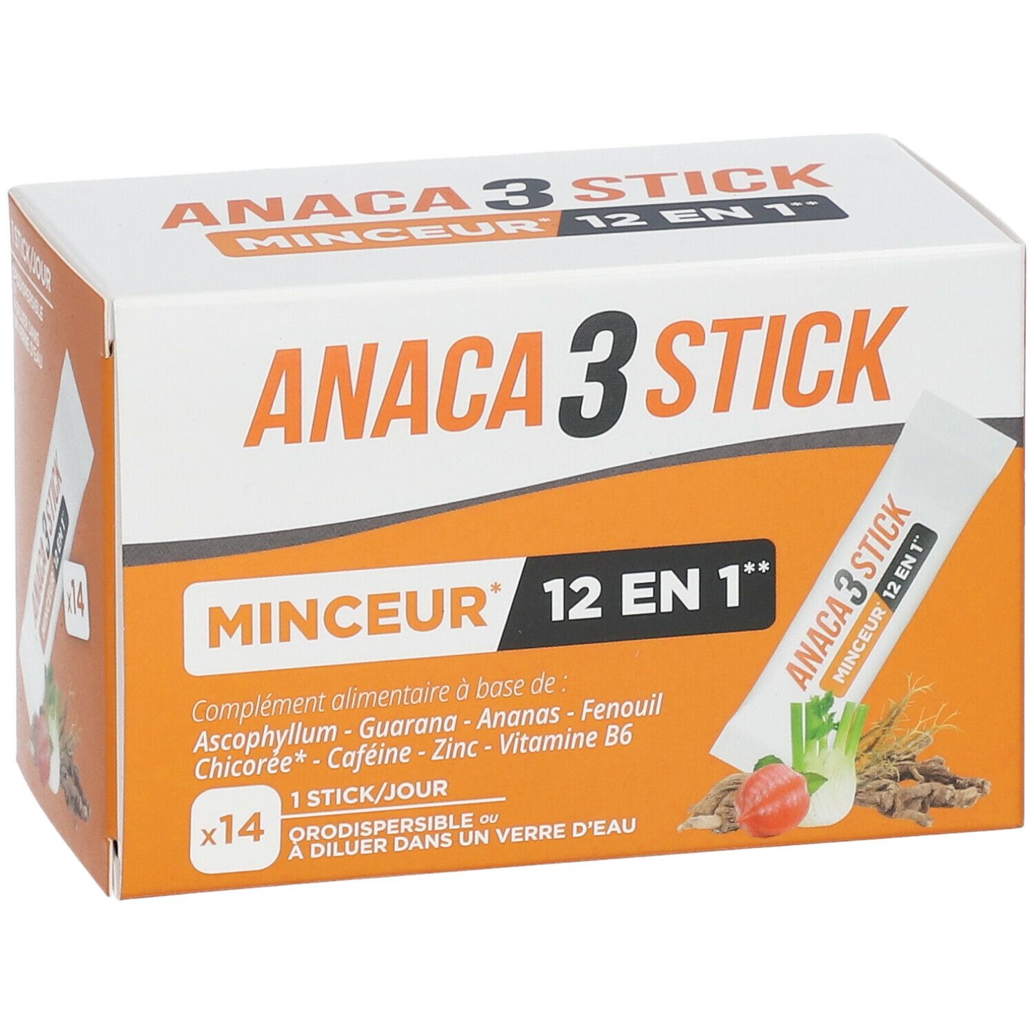 Boîte ANACA3 Stick Minceur 12 en 1. Un stick est visible. Inscription: 14 sticks, 1 stick/jour.