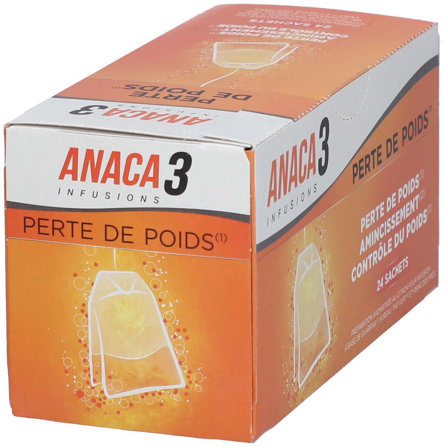 Boîte ANACA3 Infusion Perte de Poids. Inscription: Perte de Poids, 24 sachets. Vue en perspective.