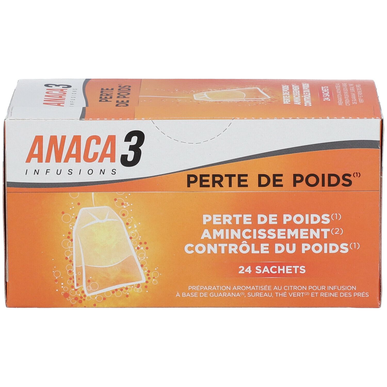Boîte ANACA3 Infusion Perte de Poids. Inscription: Perte de Poids, 24 sachets. Illustration d'un sachet de thé.