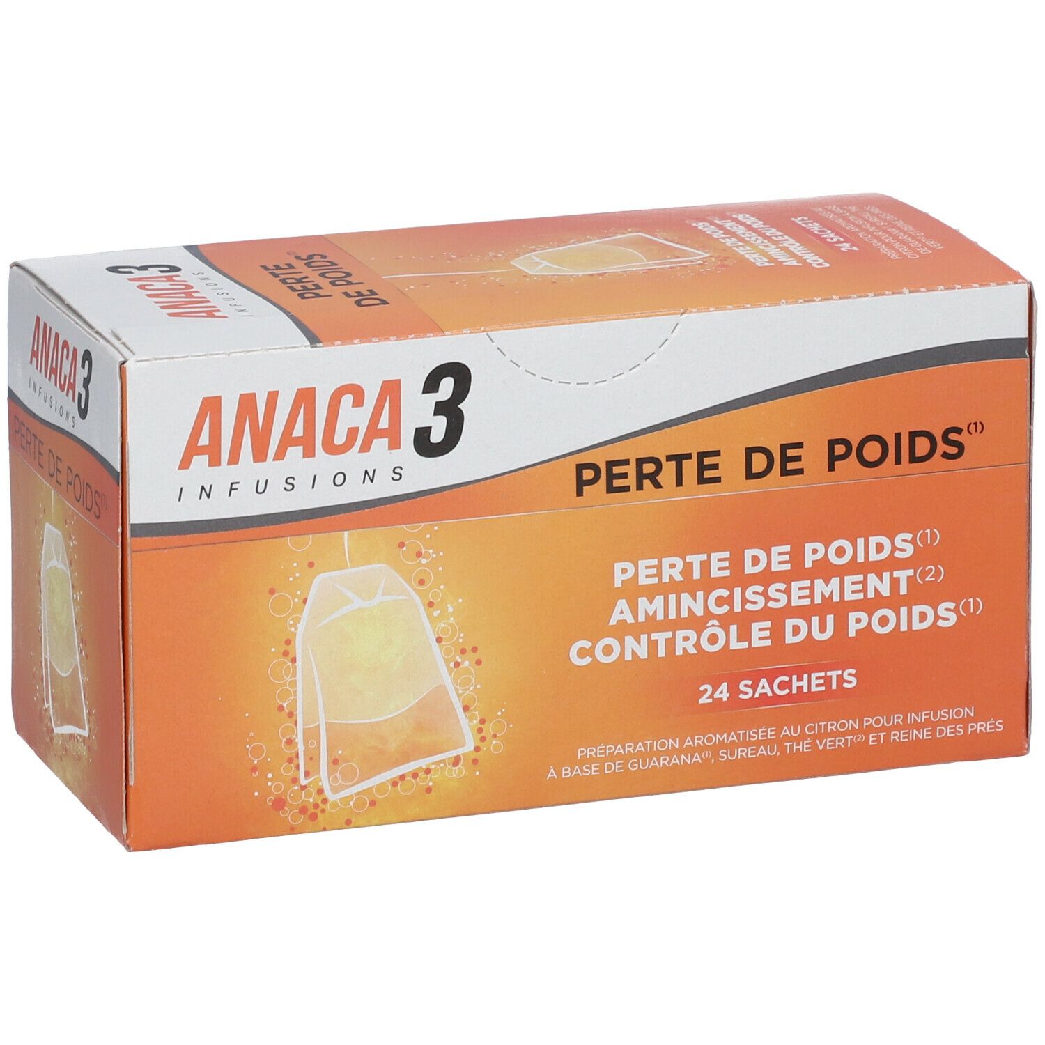 Boîte ANACA3 Infusion Perte de Poids. Inscription: Perte de Poids, 24 sachets. Illustration d'un sachet de thé.