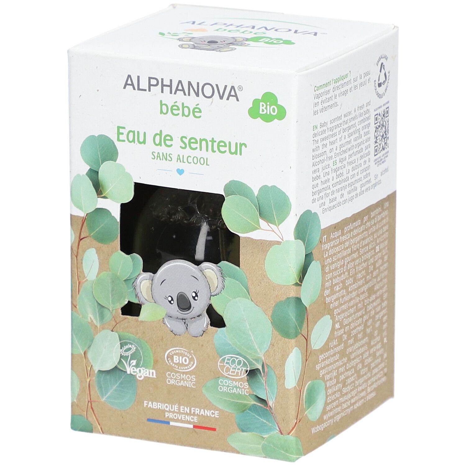 Boîte Alphanova bébé Eau de senteur Bio. Illustration koala, feuilles vertes. Certifications vegan, bio. Drapeau français.