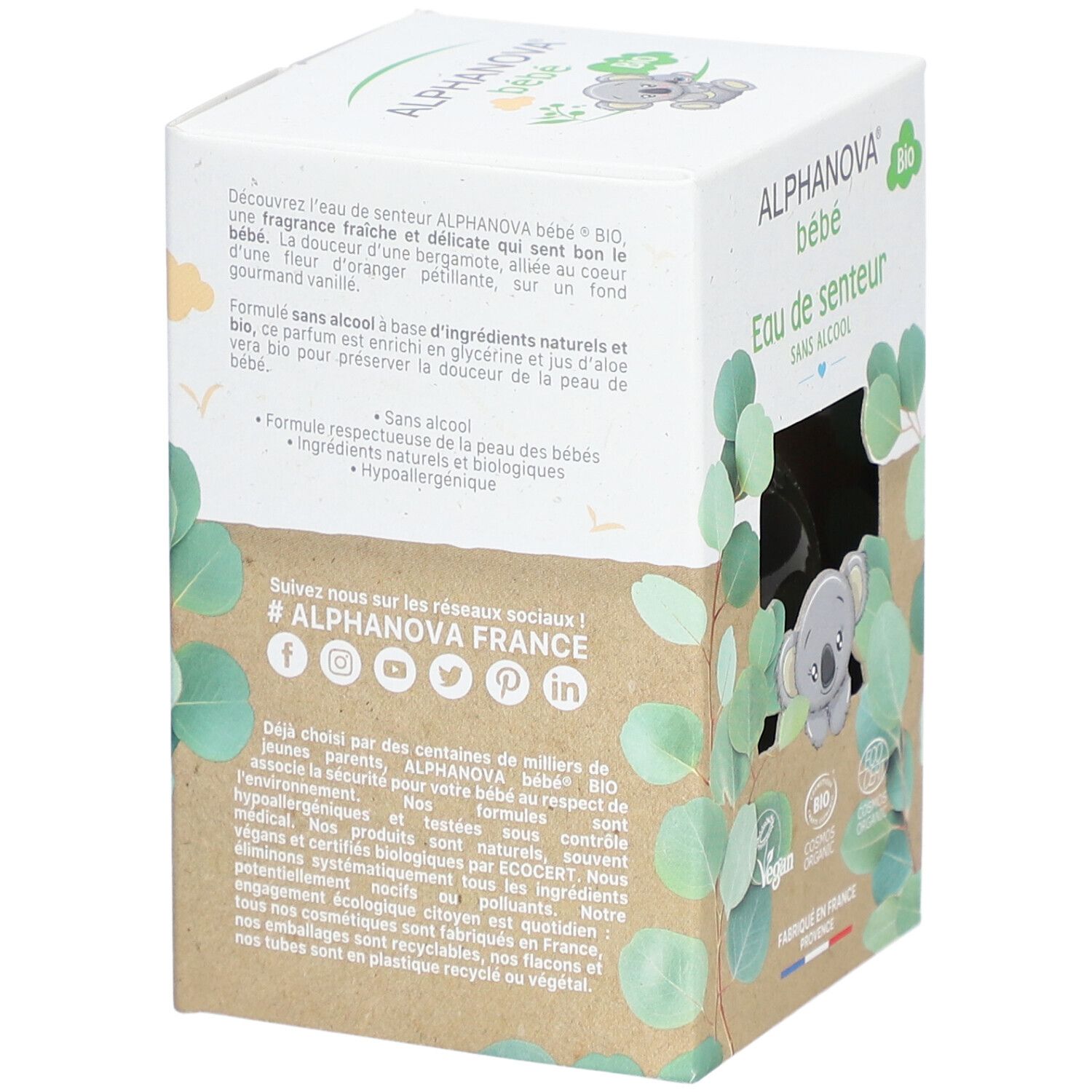 Dos de l'emballage Alphanova bébé Eau de senteur Bio. Texte, illustration koala, feuilles vertes. Certifications bio.