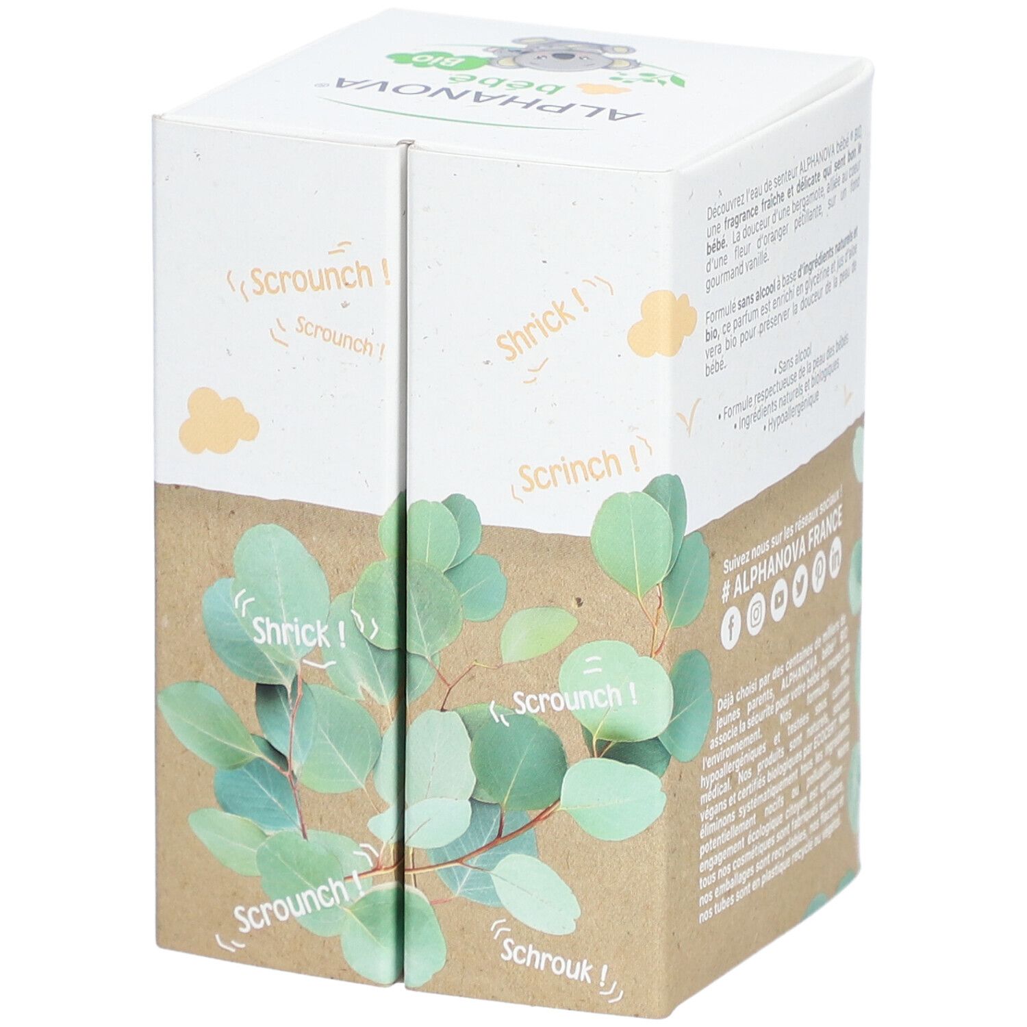 Emballage Alphanova bébé Eau de senteur Bio. Impression feuilles vertes et texte. Onomatopées.