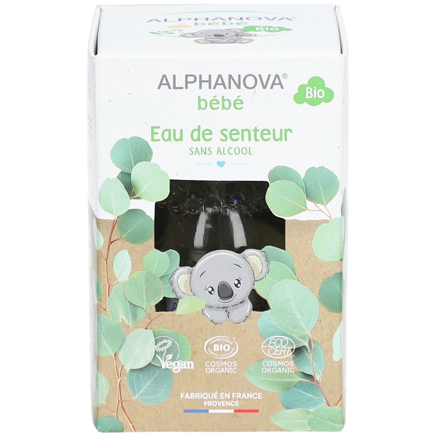 Vue de face de l'emballage Alphanova bébé Eau de senteur Bio. Illustration koala, feuilles vertes. Certifications bio.
