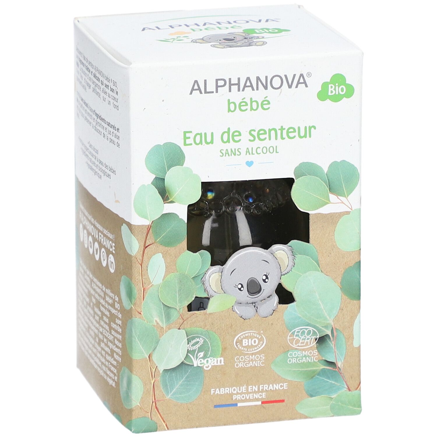 Vue de face de l'emballage Alphanova bébé Eau de senteur Bio. Illustration koala, feuilles vertes. Certifications bio.