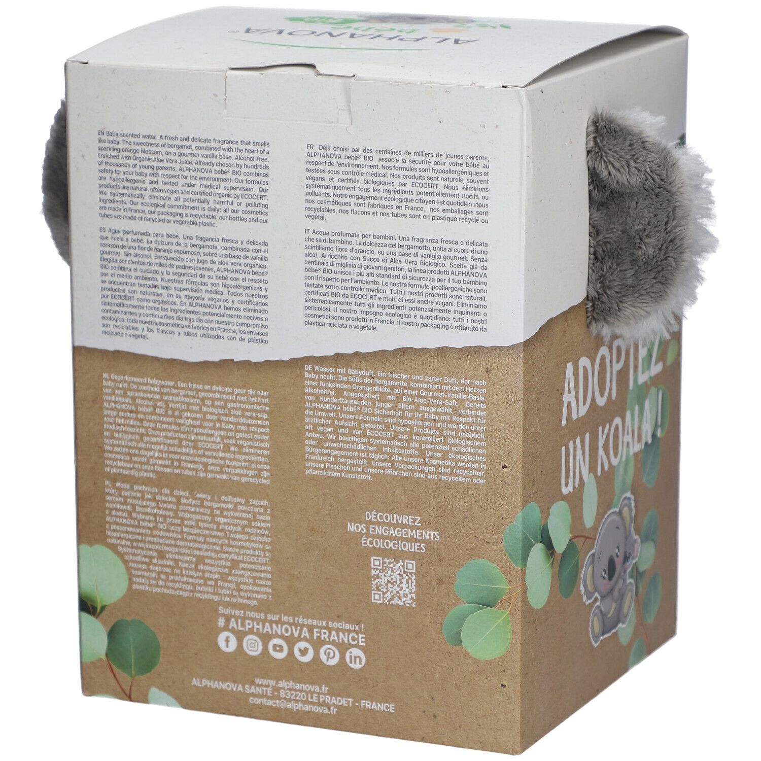 Rückseite der Geschenkbox mit Text. Enthält Informationen zu Inhaltsstoffen, Öko-Engagement und QR-Code. Koala-Illustration.