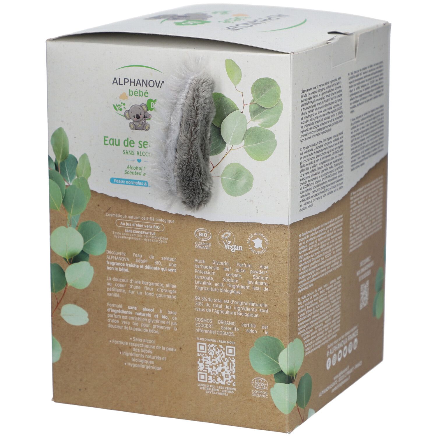 Rückseite der Geschenkbox mit Text. Enthält Informationen zu Inhaltsstoffen, Öko-Engagement und QR-Code. Koala-Illustration.
