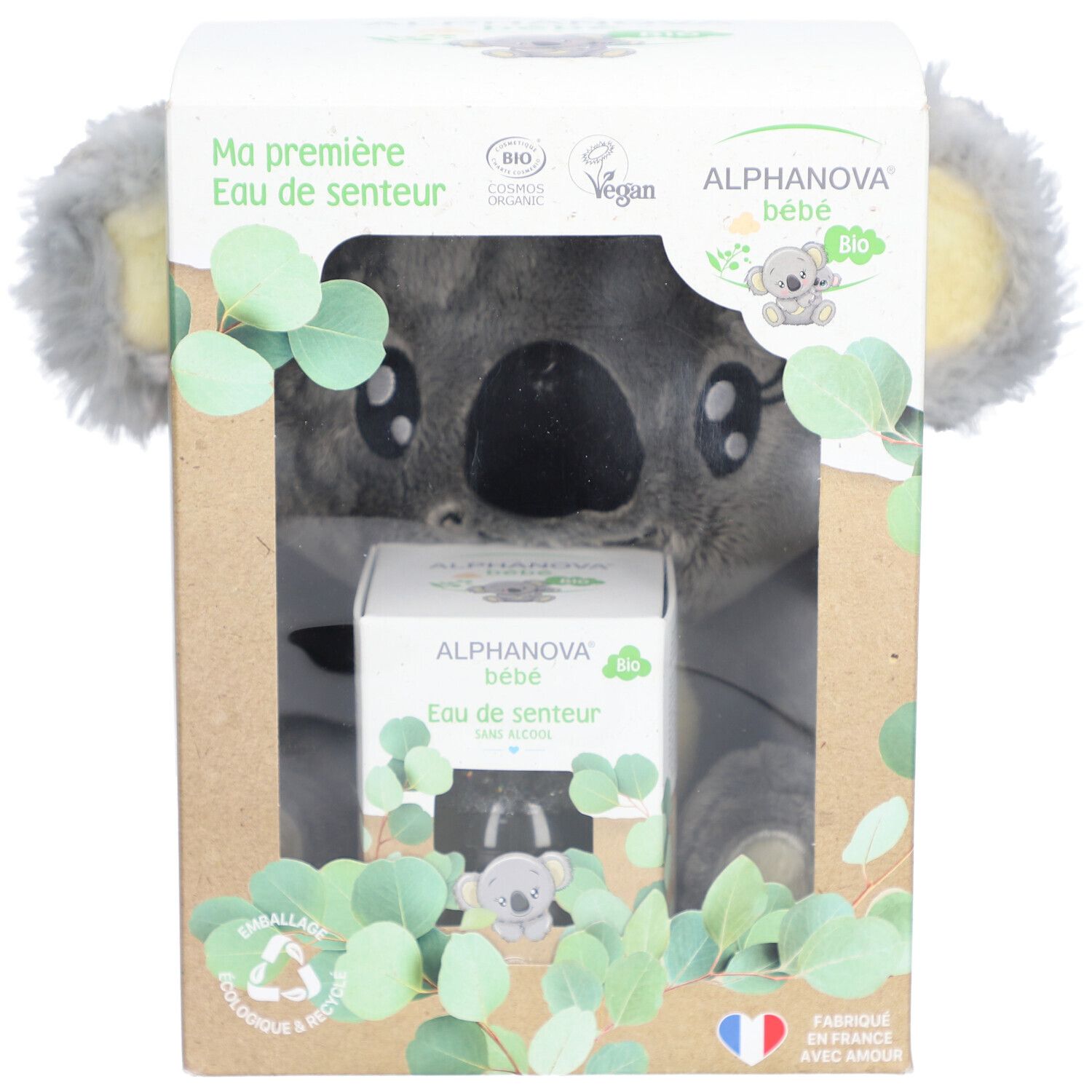 Geschenkbox mit Koala-Plüschtier und Eau de Senteur. Box mit Alphanova Bébé Logo, Bio-Zertifizierung und Eukalyptus-Dekoration.