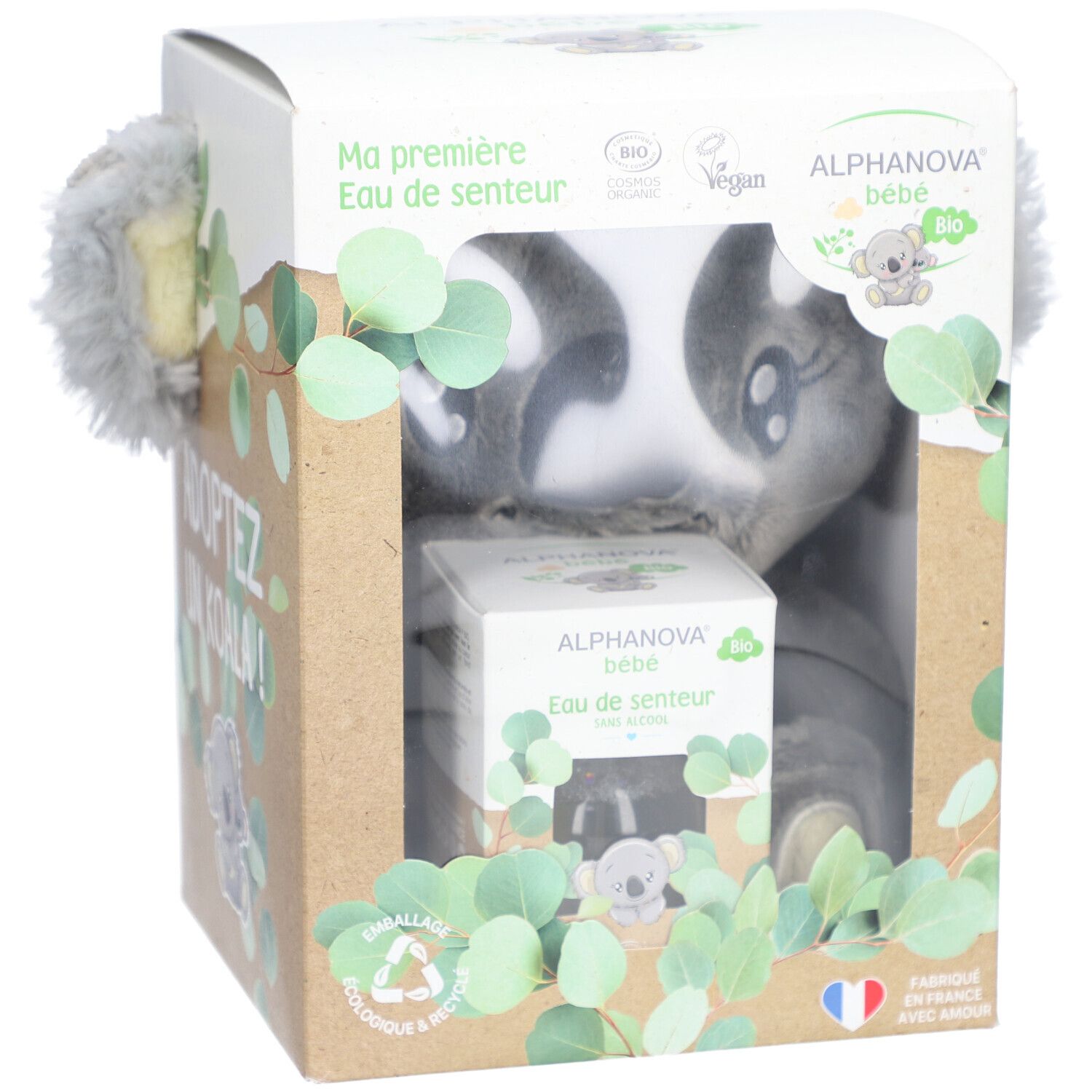 Geschenkbox mit Koala-Plüschtier und Eau de Senteur. Box mit Alphanova Bébé Logo, Bio-Zertifizierung und Eukalyptus-Dekoration.