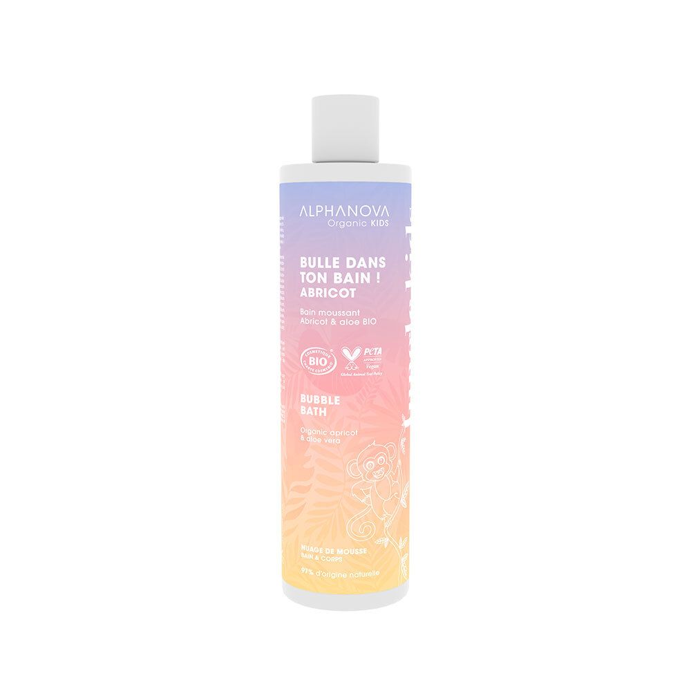 Alphanova Kids Badewasser. Flasche mit weißem Deckel. Aufschrift: Bulle dans ton bain! Aprikose & Aloe Vera. Bio-Zertifizierung.