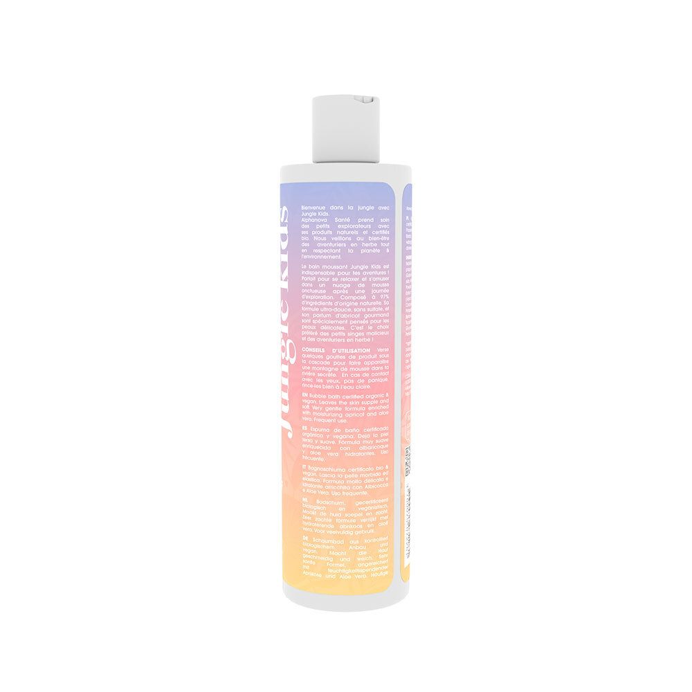 Rückseite der Alphanova Kids Badewasser-Flasche. Text in mehreren Sprachen. QR-Code und Bio-Zertifizierung.