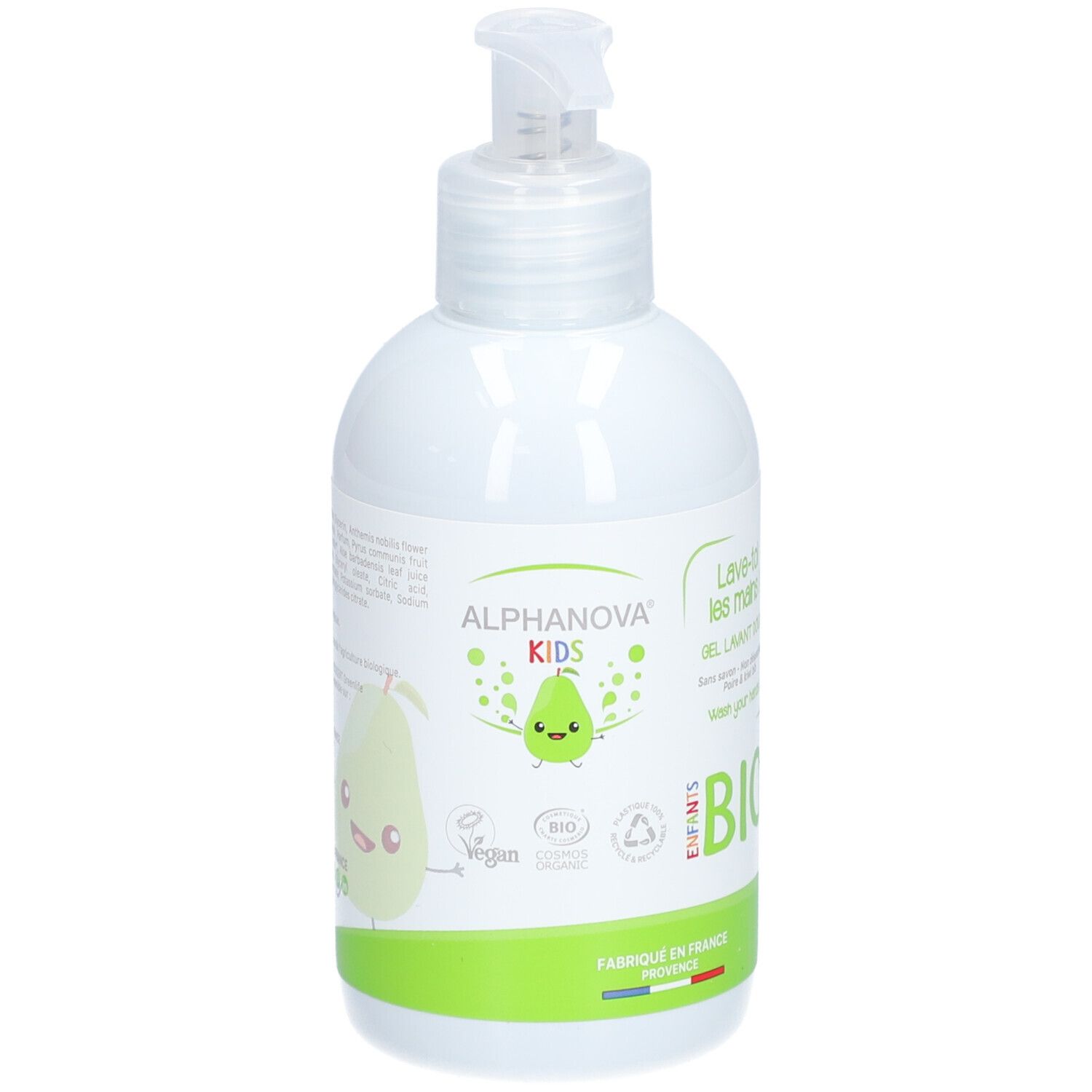 Flacon blanc avec pompe. Inscription : Alphanova Kids, Bio. Bande verte en bas. Illustration de poire.