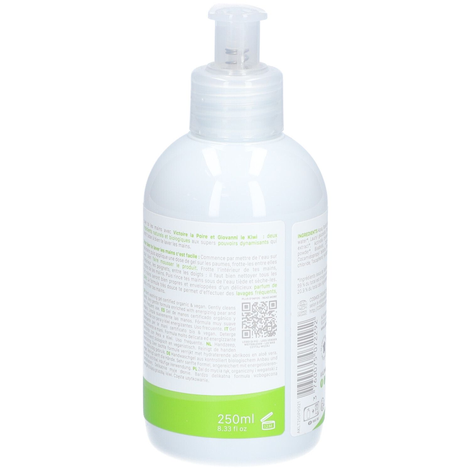 Flacon blanc avec pompe. Inscription : 250ml. Bande verte en bas. Texte au dos. Illustration de poire.