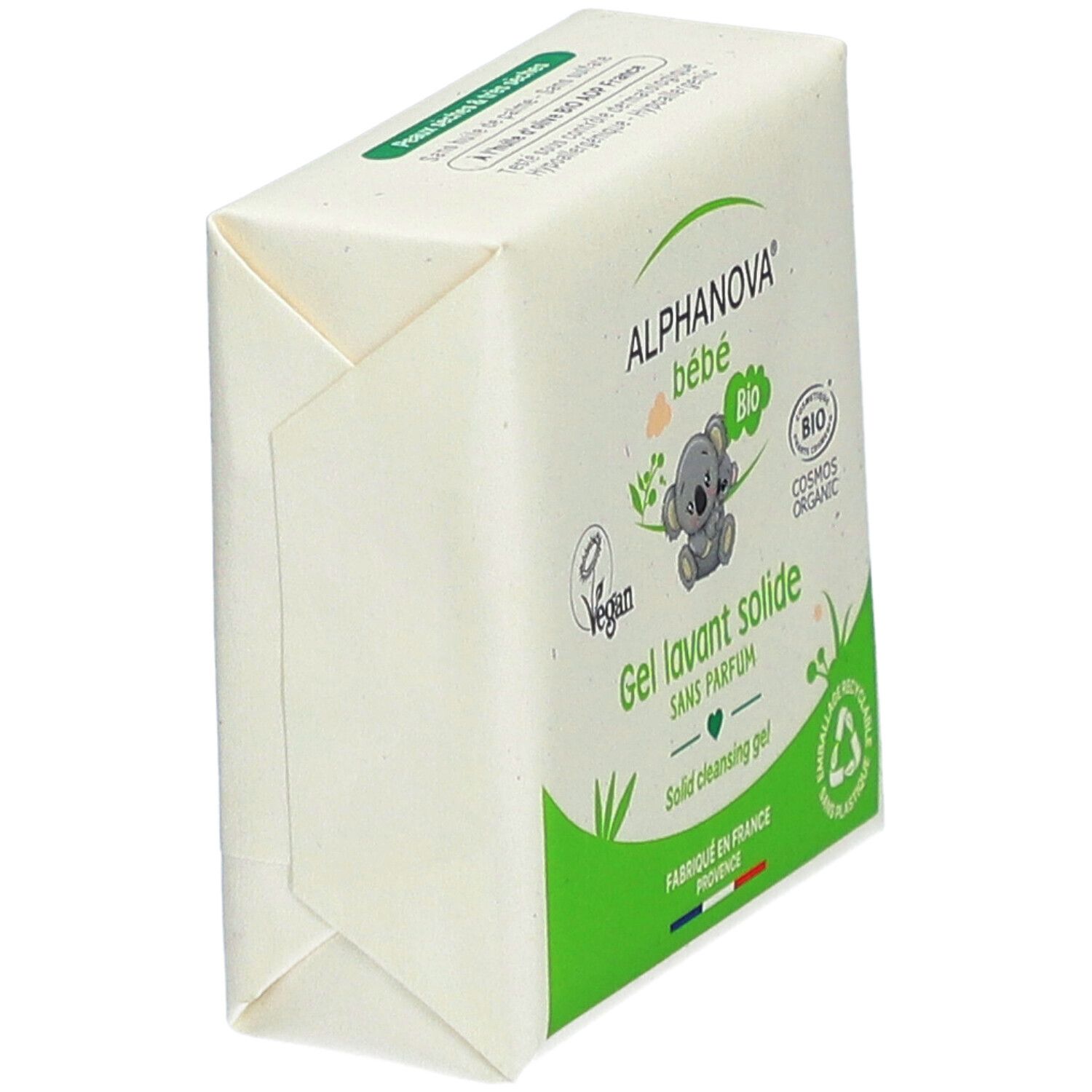 Schrägansicht der Verpackung von Alphanova Bébé Gel Lavant Solide. Mit Logo und Text. Eckige Form.