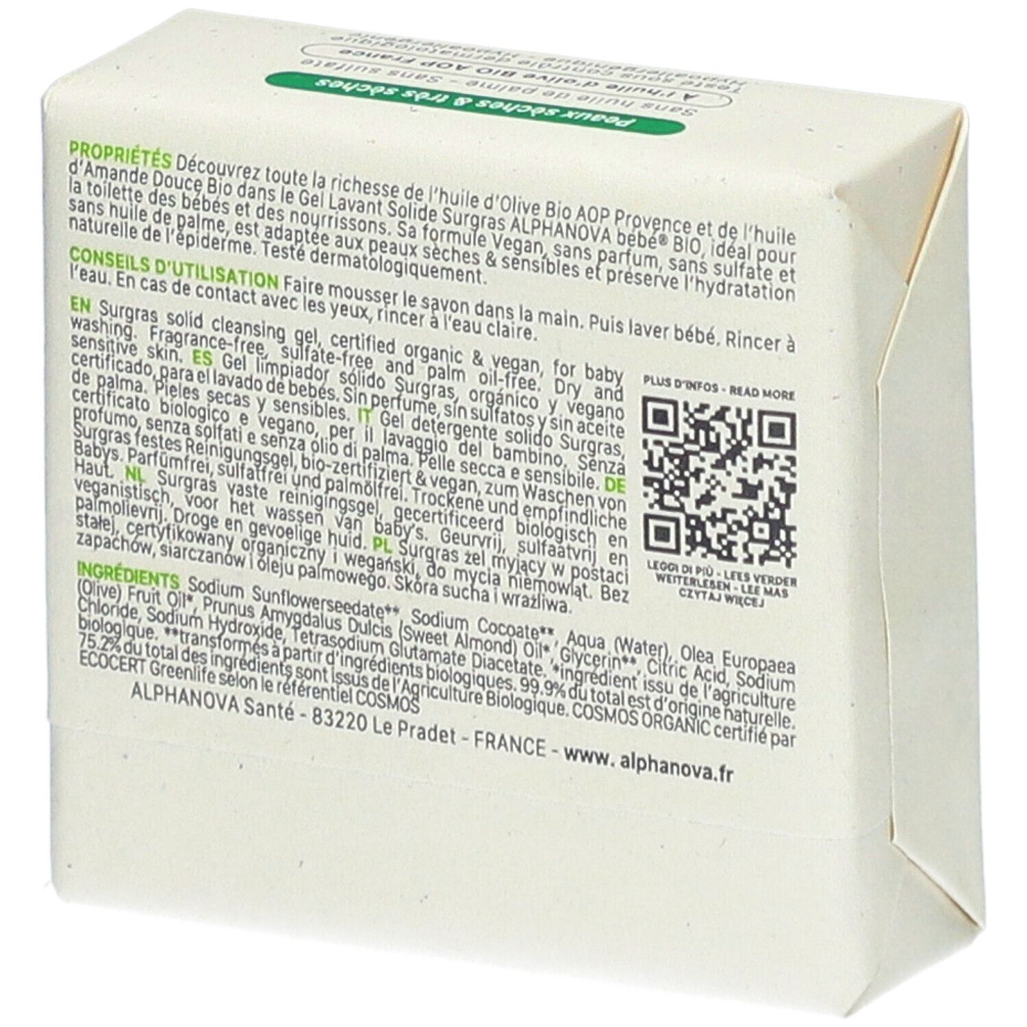 Rückseite der Verpackung von Alphanova Bébé Gel Lavant Solide. Text, QR-Code und Inhaltsstoffe.