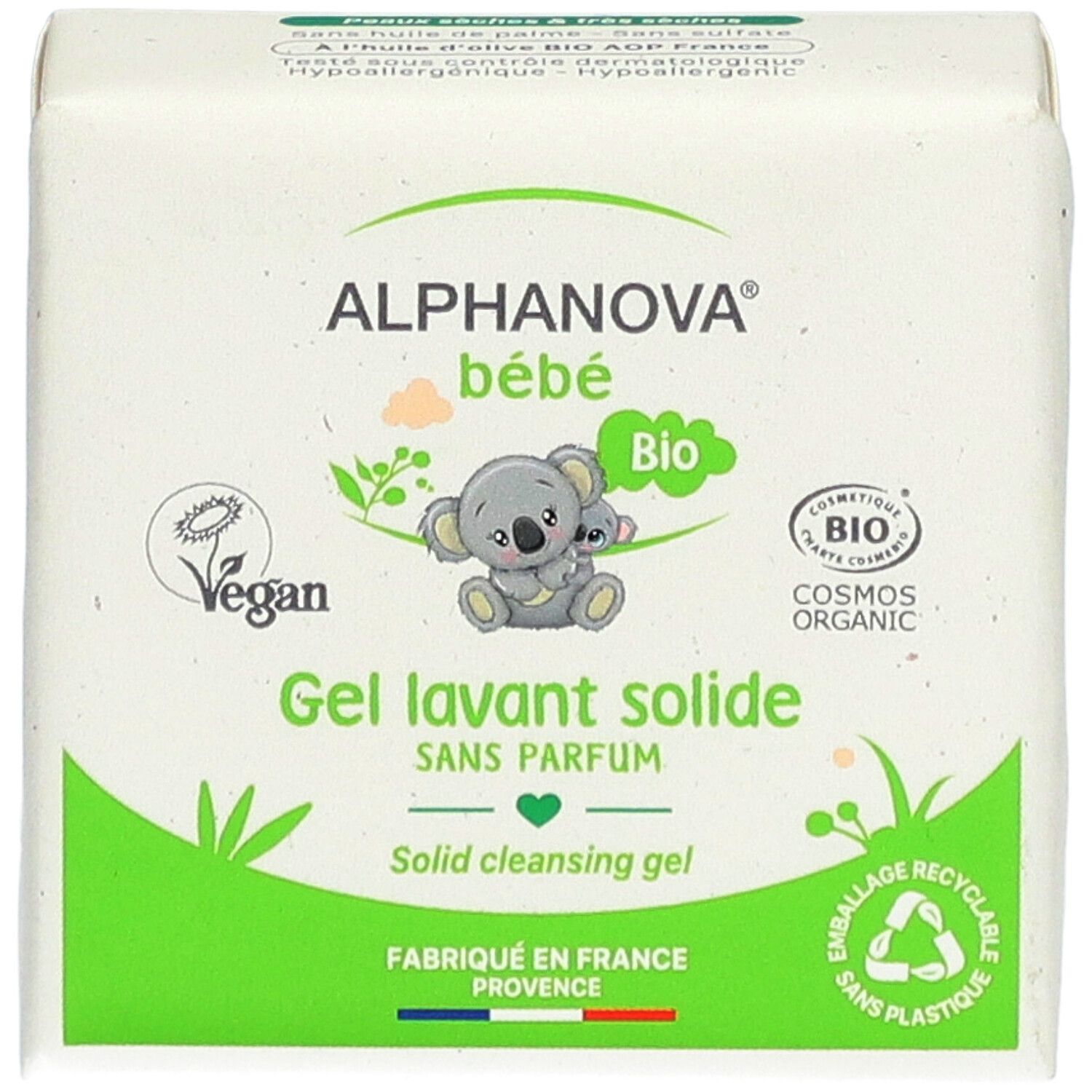 Verpackung von Alphanova Bébé Gel Lavant Solide. Logo, Koala-Illustration und Text. Vegan und Bio-Zertifizierung.