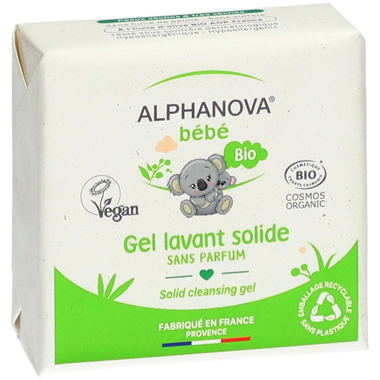 Verpackung von Alphanova Bébé Gel Lavant Solide. Logo, Koala-Illustration und Text. Vegan und Bio-Zertifizierung.