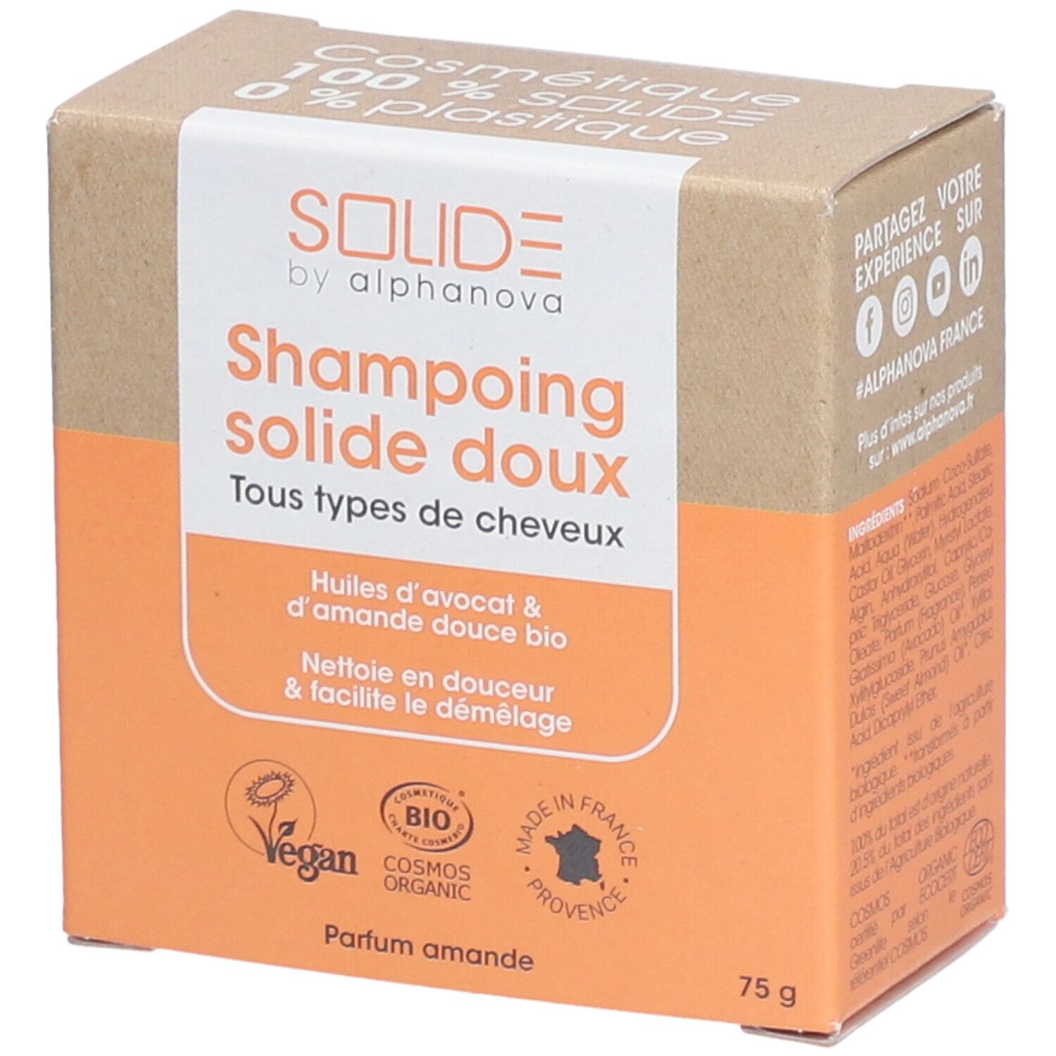Boîte en carton avec informations produit. Vegan, certification bio, Fabriqué en France. 75g.