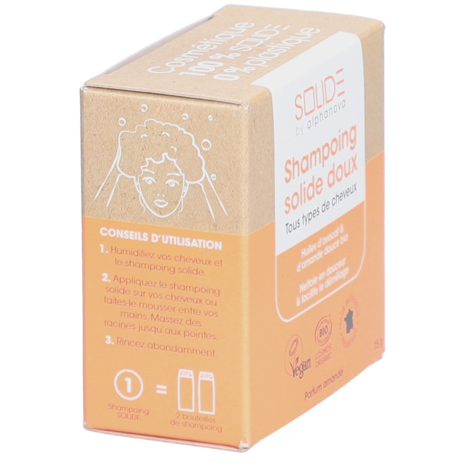Boîte en carton, vue latérale. Nom du produit et instructions d'utilisation. Logo vegan, certification bio.