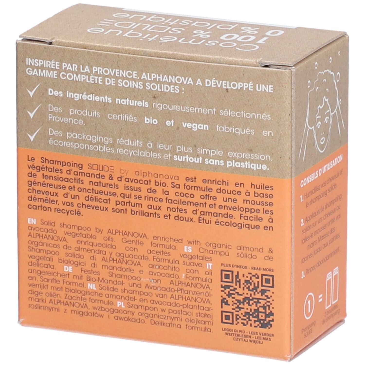 Dos de la boîte en carton. Description du produit, ingrédients, code QR. Certifications bio et vegan.