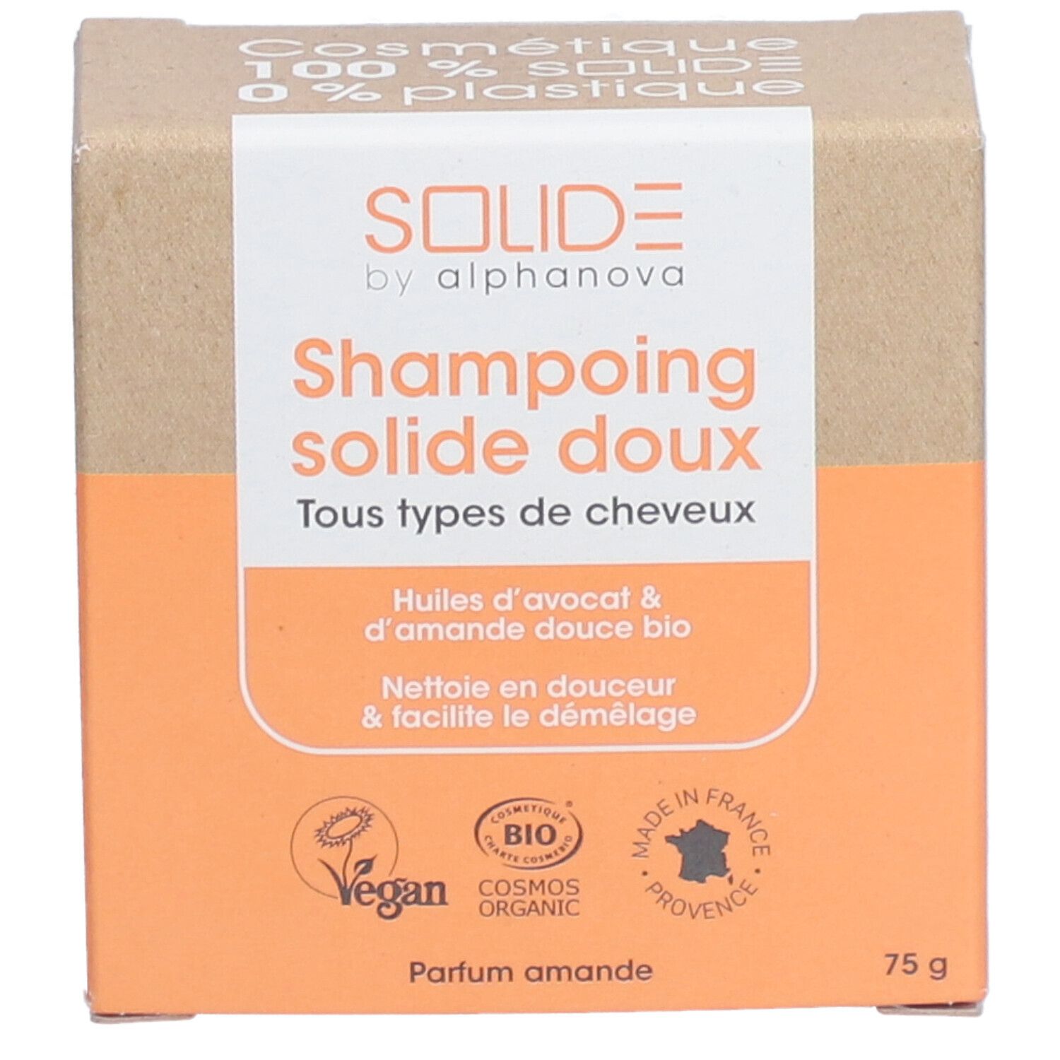Boîte en carton, vue de face. Nom du produit, logo vegan, certification bio, Fabriqué en France. 75g.