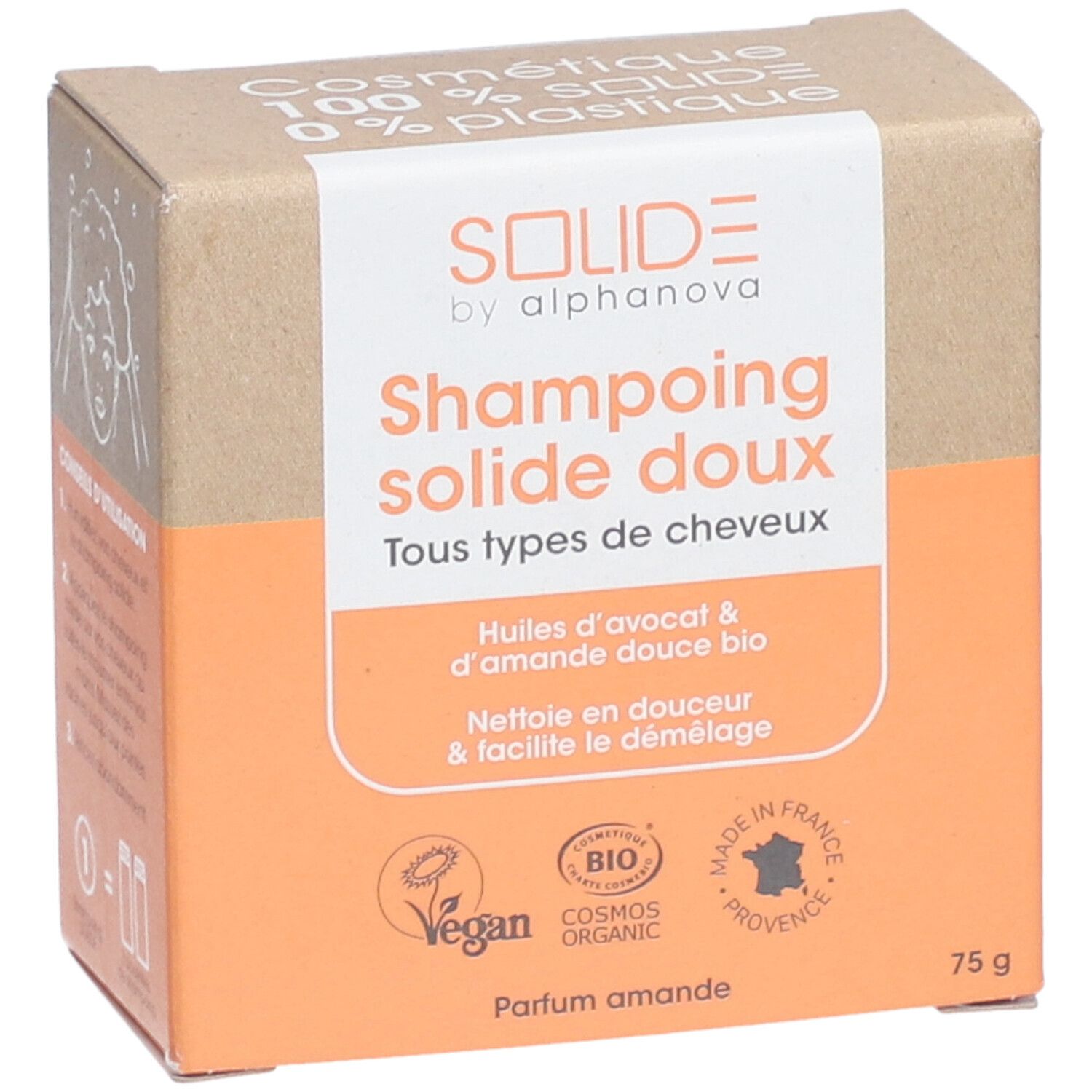 Boîte en carton, légèrement en biais. Nom du produit, logo vegan, certification bio, Fabriqué en France. 75g.