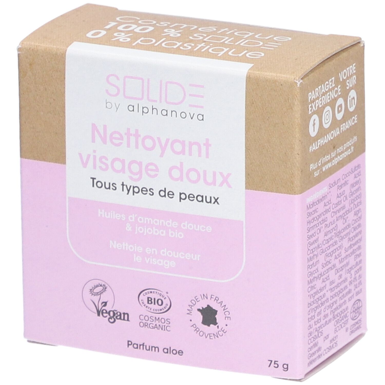 Alphanova Nettoyant visage doux solide pour tous types de peaux