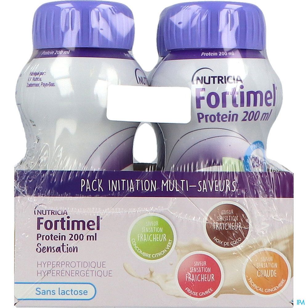 Emballage de quatre bouteilles. Inscription: Fortimel Protein 200 ml. Plusieurs saveurs. Sans lactose.