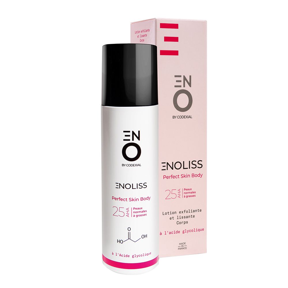 Flacon blanc, bouchon noir, détails roses. Inscription: ENO Enoliss Perfect Skin Body 25 AHA. Avec emballage.
