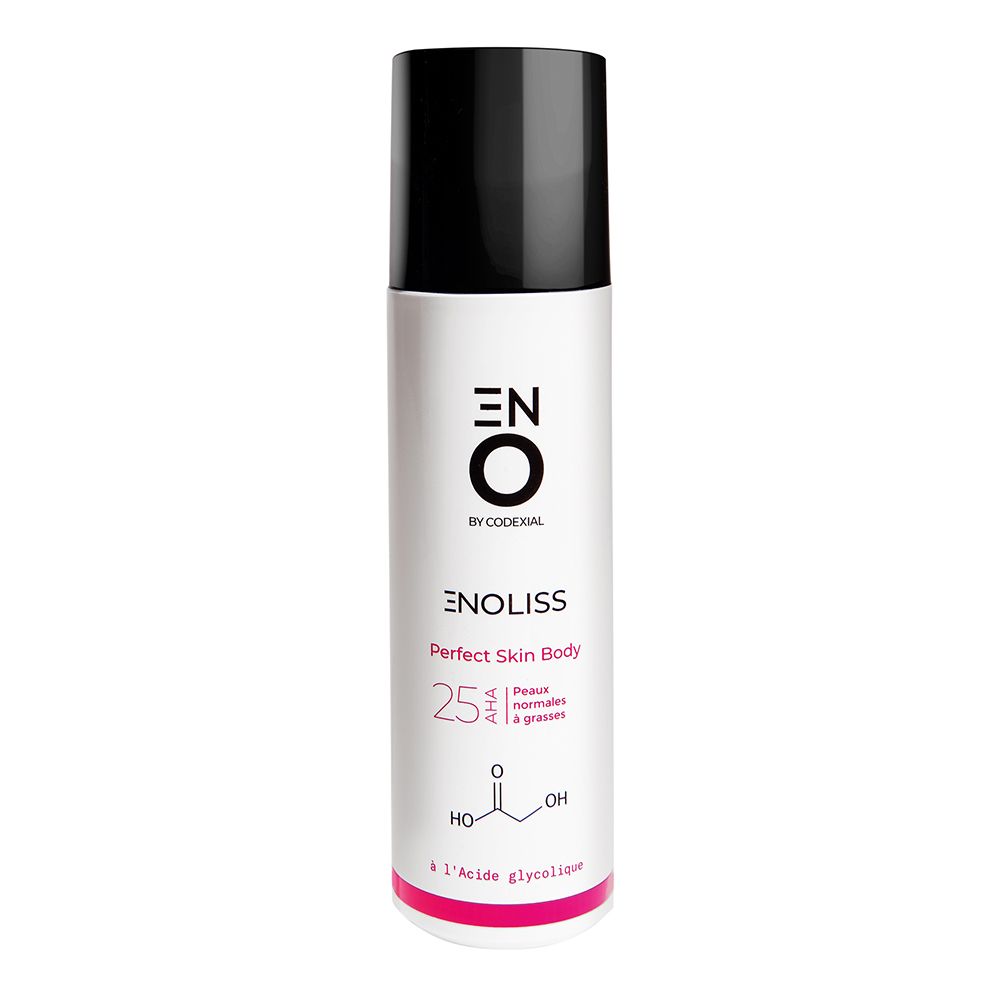 Flacon blanc, bouchon noir. Inscription: ENO Enoliss Perfect Skin Body 25 AHA. Détail rose.