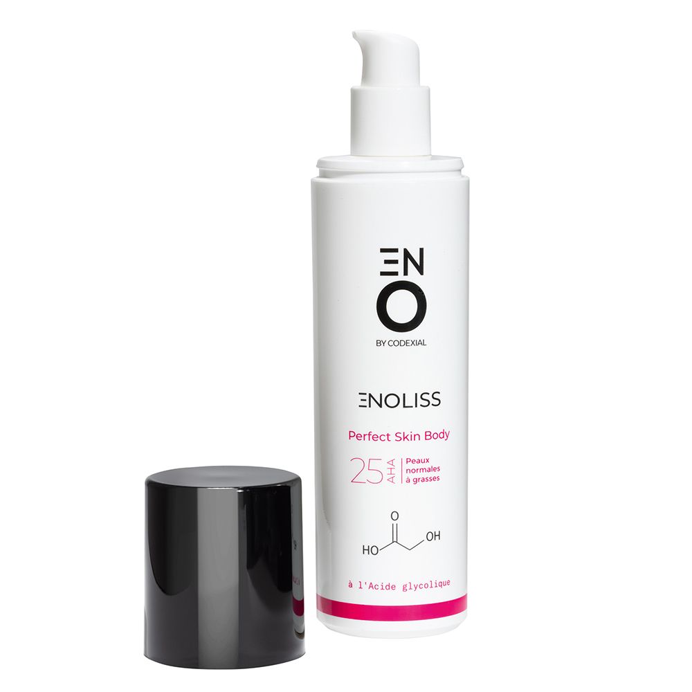 Flacon blanc avec bouchon noir à côté. Inscription: ENO Enoliss Perfect Skin Body 25 AHA.