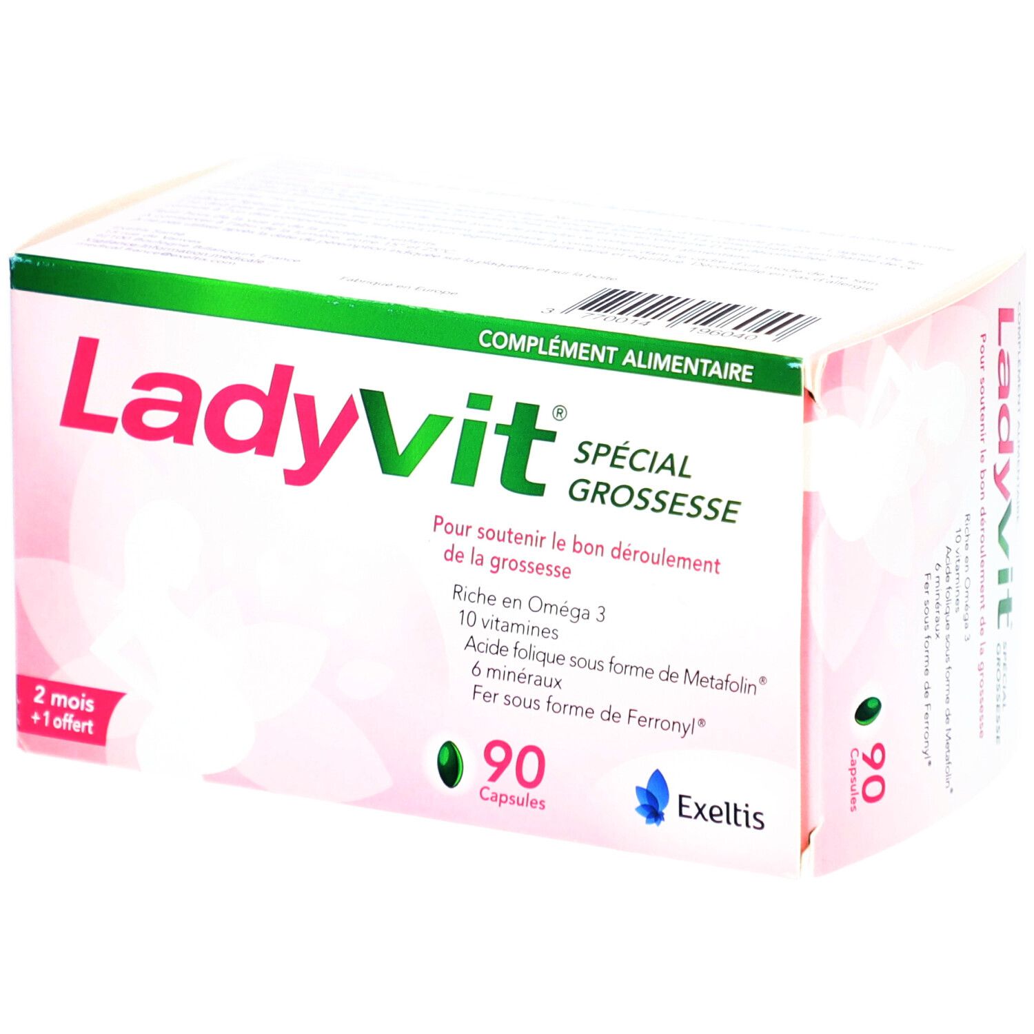 Boîte de Ladyvit Spécial Grossesse. Contient 90 capsules. Inscription: "Complément alimentaire".