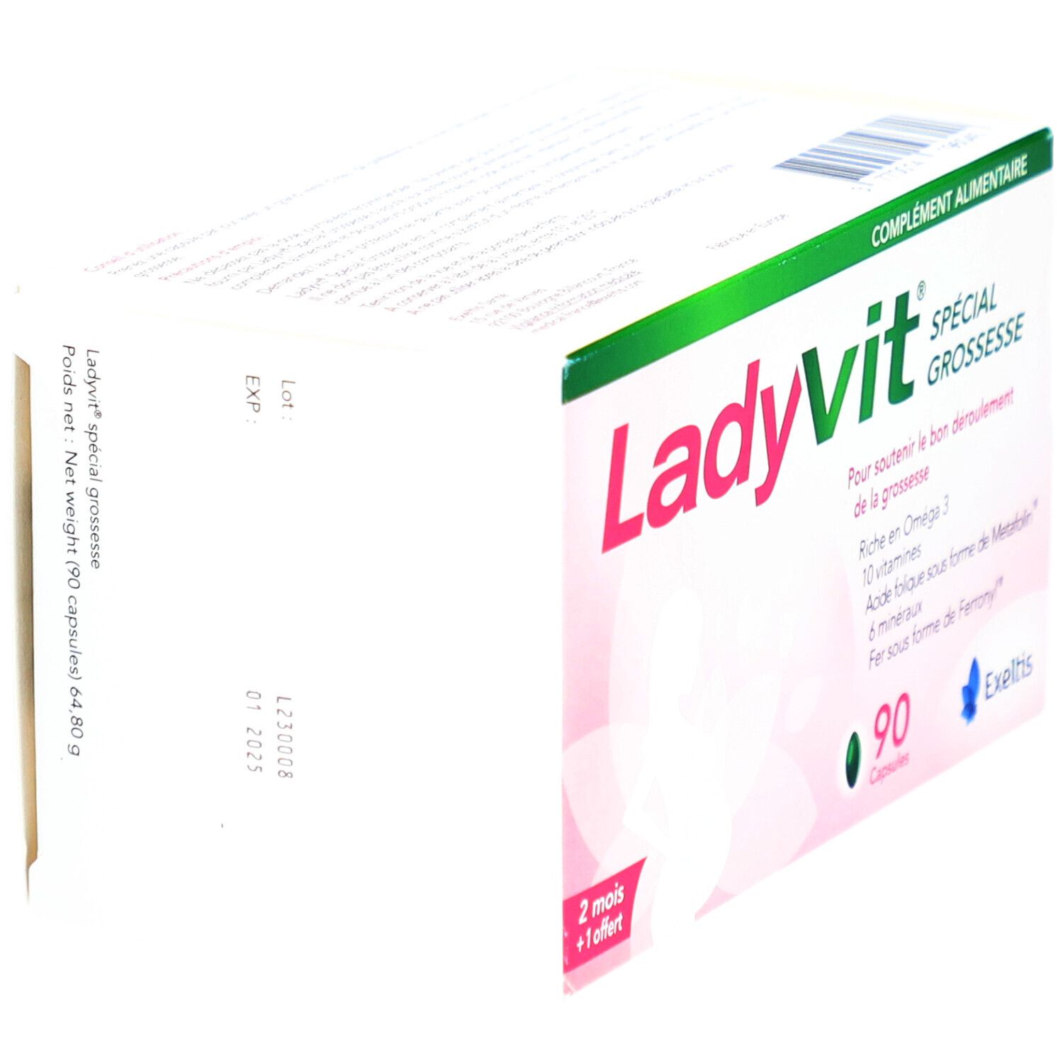 Vue latérale de la boîte Ladyvit Spécial Grossesse. Contient 90 capsules. Inscription: "Complément alimentaire".