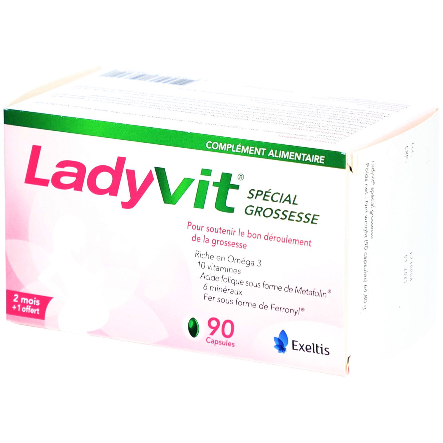 Boîte de Ladyvit Spécial Grossesse. Contient 90 capsules. Inscription: "Complément alimentaire".