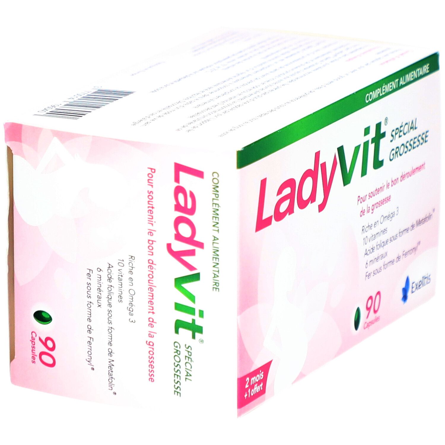Vue oblique de la boîte Ladyvit Spécial Grossesse. Contient 90 capsules. Inscription: "Complément alimentaire".