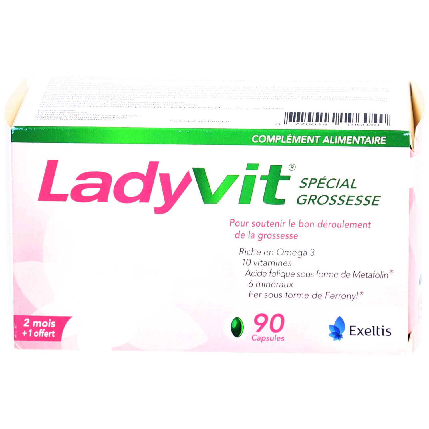 Boîte de Ladyvit Spécial Grossesse. Contient 90 capsules. Inscription: "Complément alimentaire".