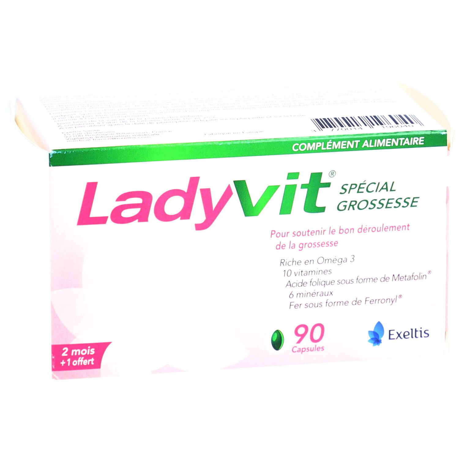 Boîte de Ladyvit Spécial Grossesse. Contient 90 capsules. Inscription: "Complément alimentaire".