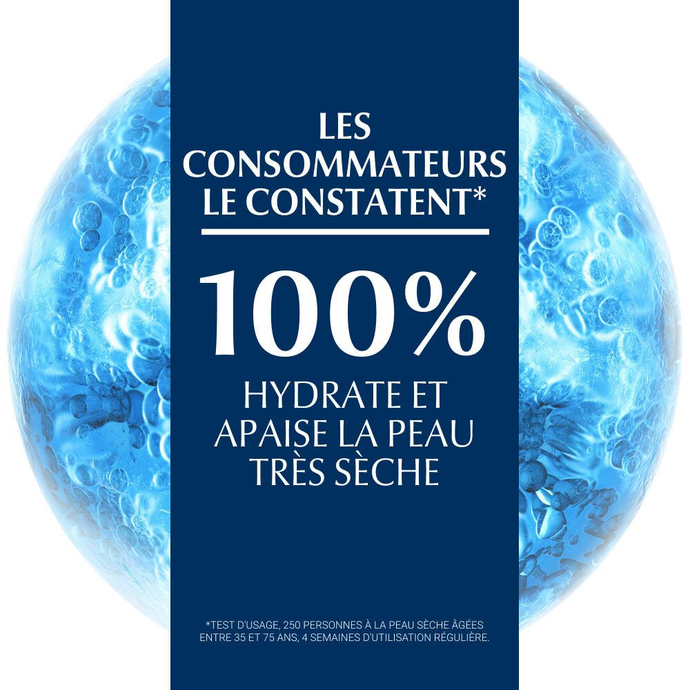 Fond bleu avec texte: 100% hydrate et apaise les peaux très sèches.