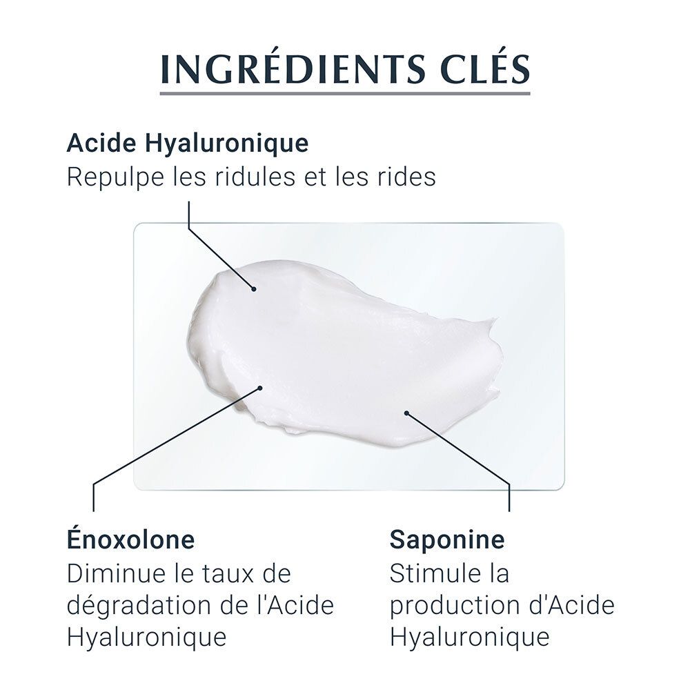 Creme-Textur. Text: Hyaluronsäure, Enoxolon, Saponin.