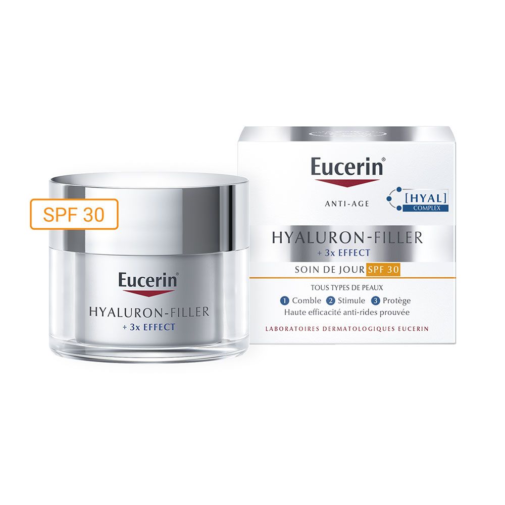 Pot de crème Eucerin SPF 30 et emballage. Contient des informations sur le produit.