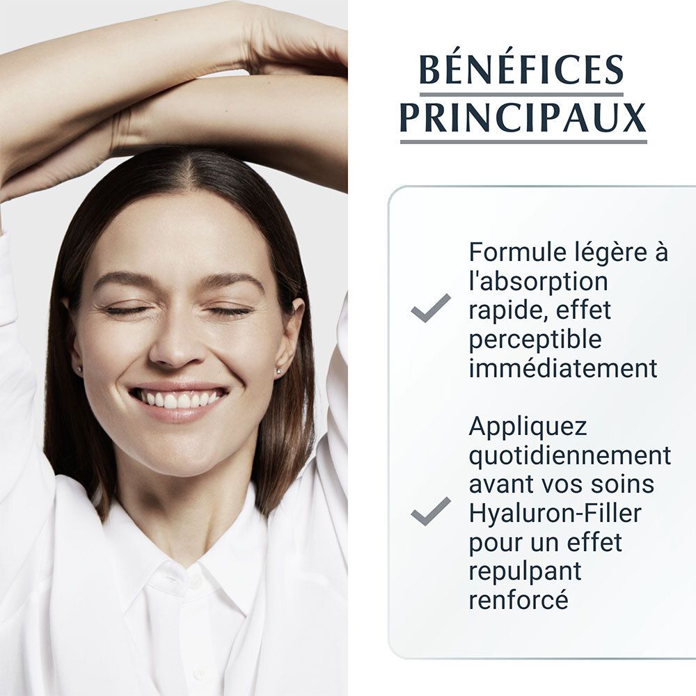 Femme aux yeux fermés. Texte : Avantages. Formule légère, absorption rapide, effet immédiat. Application avant le sérum.