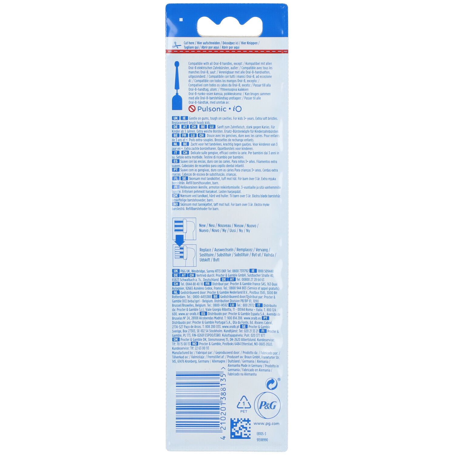 Rückseite der Oral-B Kids Star Wars Ersatzbürsten-Verpackung. Produktinformationen und Logos.
