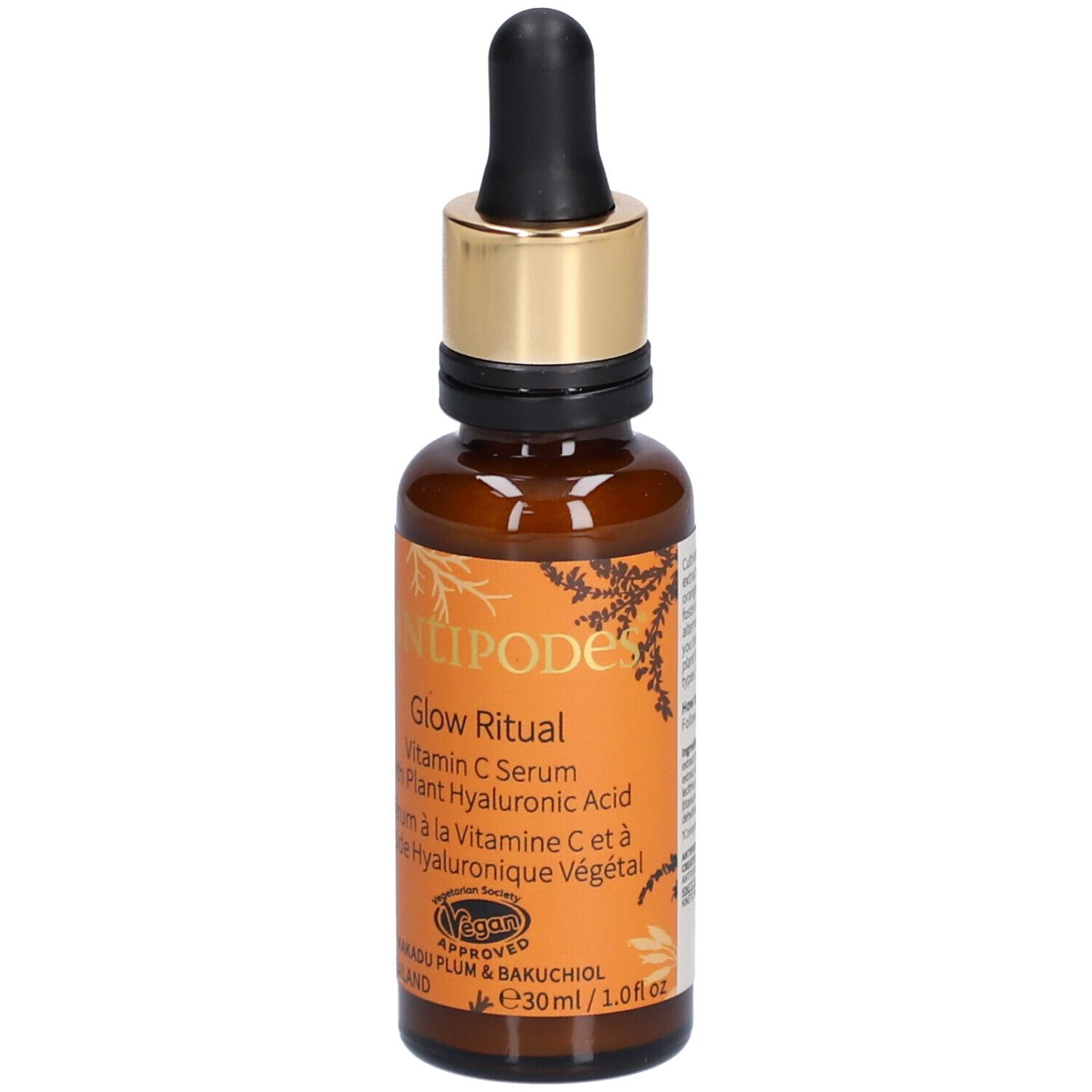 Braune Glasflasche mit Pipette. Aufschrift: Antipodes Glow Ritual Vitamin C Serum. Vegan-Siegel.
