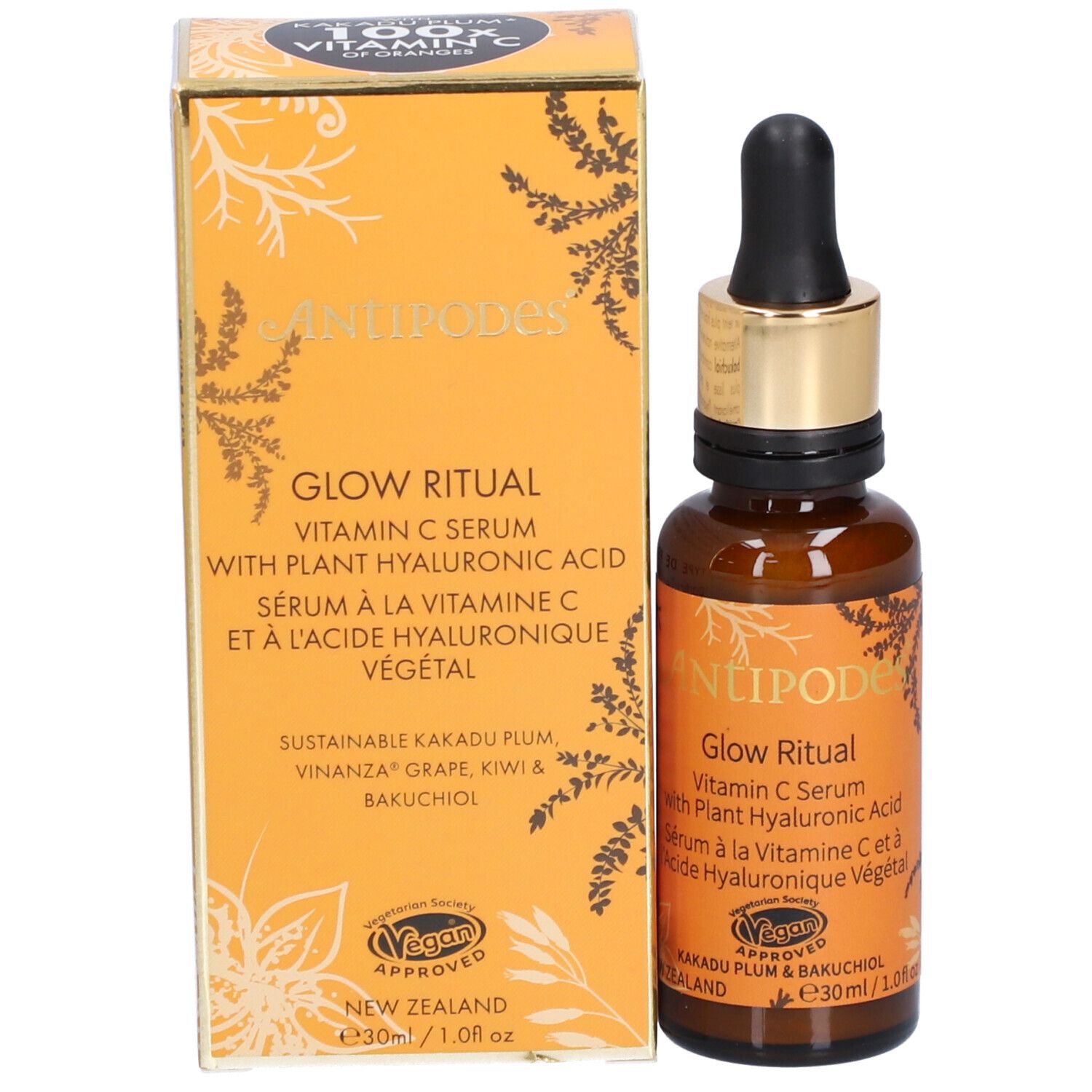 Braune Glasflasche mit Pipette und Karton. Aufschrift: Antipodes Glow Ritual Vitamin C Serum. Vegan-Siegel.