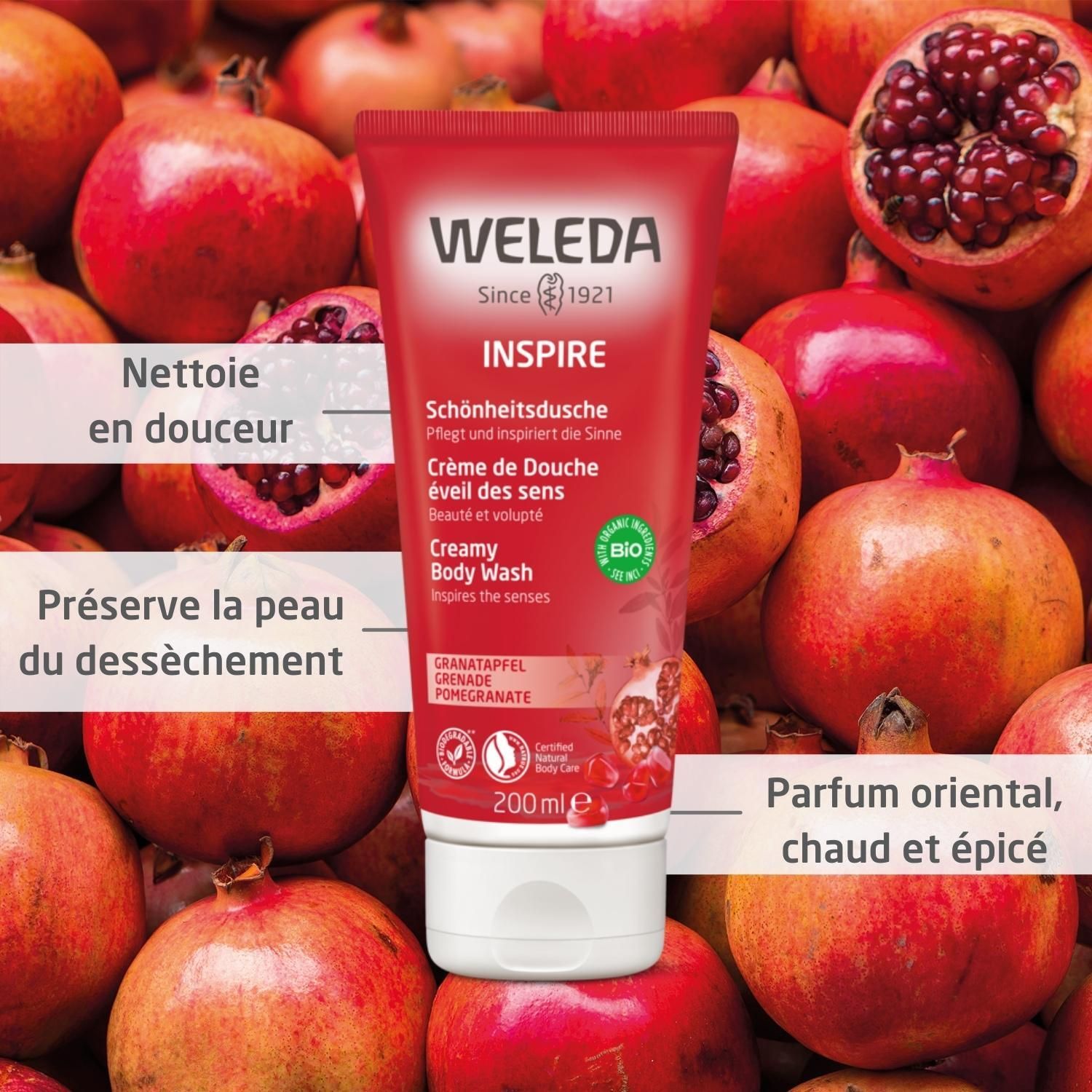 Tube rouge devant grenades. Texte: Inspire, Crème de Douche, Creamy Body Wash. 200ml. Textes additionnels.