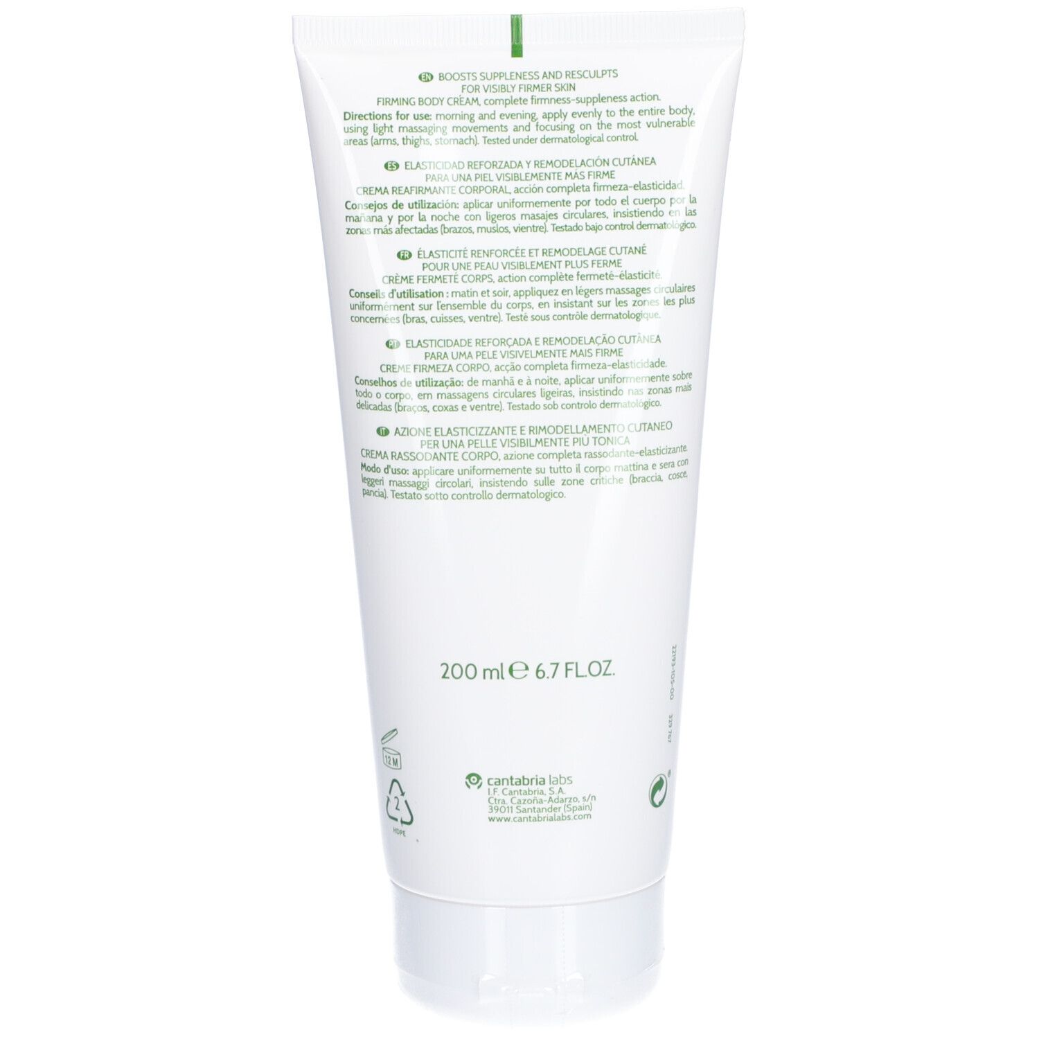 Dos du tube blanc. Texte multilingue. Volume: 200 ml. Logo et informations fabricant.
