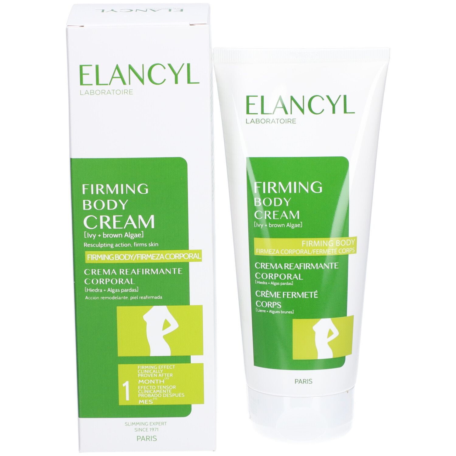 Emballage produit avec tube et carton. Inscription: ELANCYL, FIRMING BODY CREAM. Accents verts. Silhouette féminine.