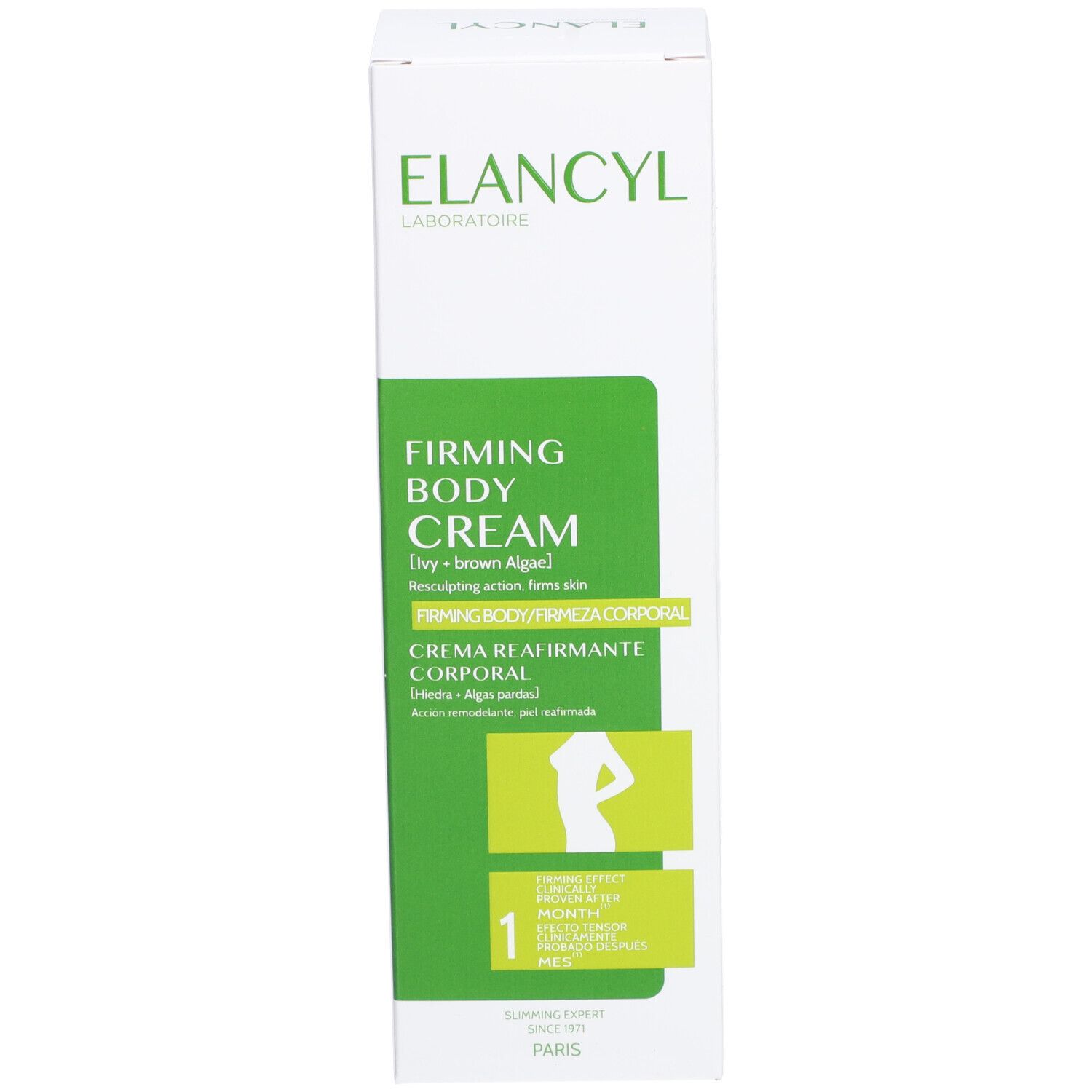 Emballage carton. Inscription: ELANCYL, FIRMING BODY CREAM. Accents verts. Silhouette féminine. Texte: 1 mois.