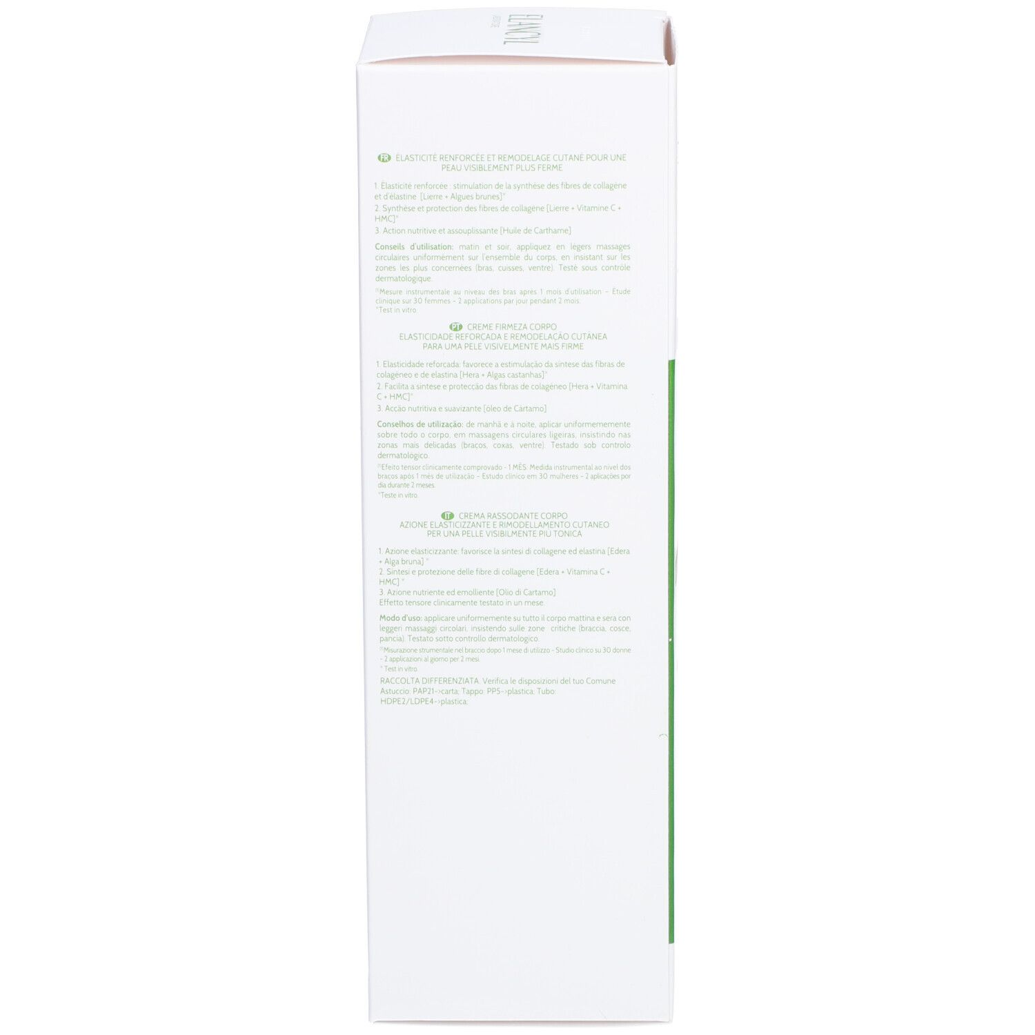 Emballage carton étroit. Texte multilingue. Informations fabricant. Bande verte.