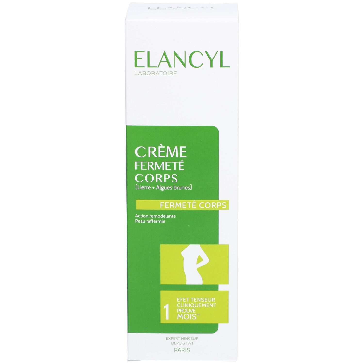 Emballage carton. Inscription: ELANCYL, Crème fermeté corps. Fond vert. Silhouette féminine. Texte: 1 mois.